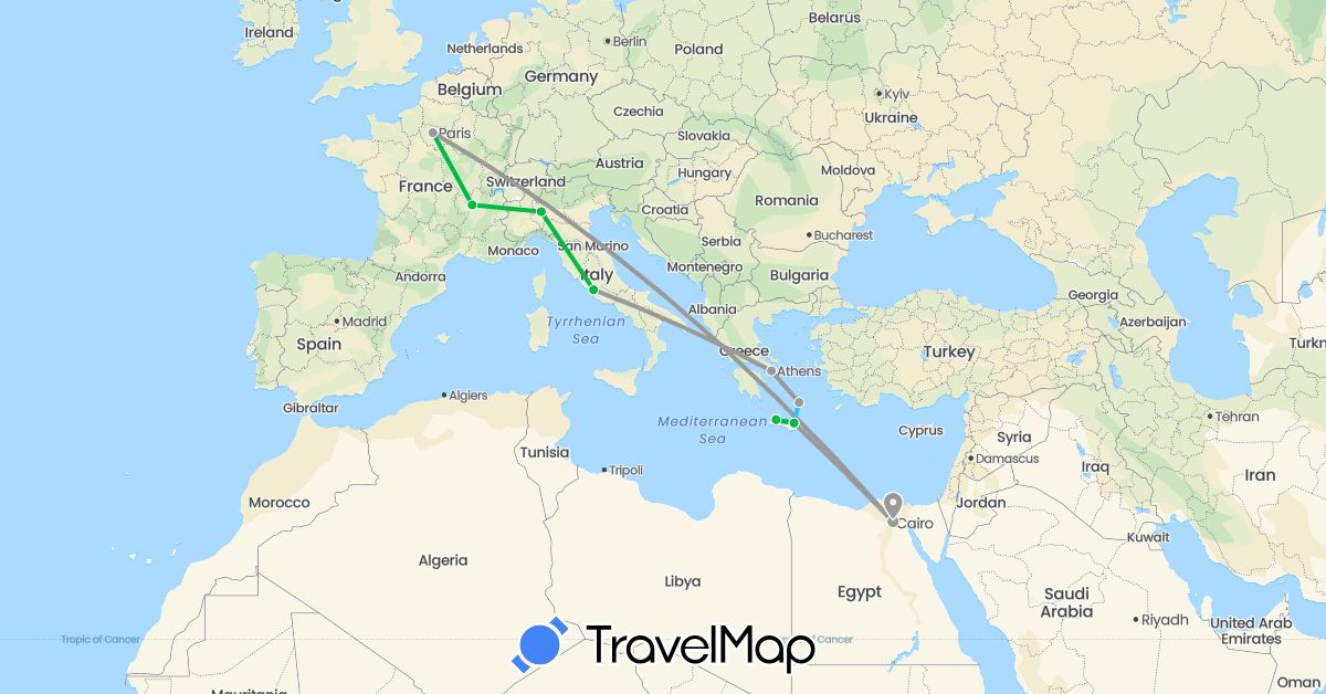 TravelMap itinerary: driving, bus, plane, boat in Egypt, France, Greece, Italy (Africa, Europe)